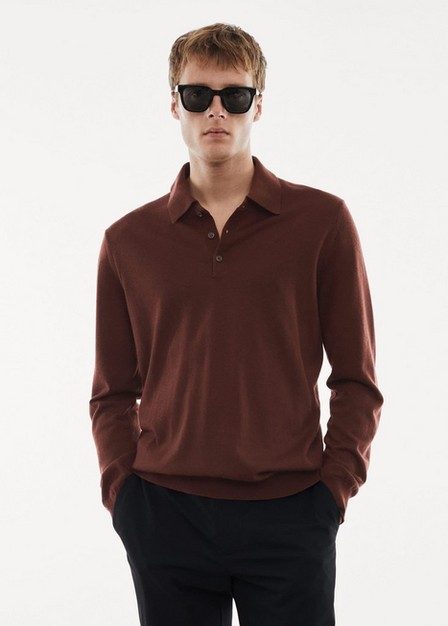 Mango - Red Merino Wool Long-Sleeve Polo Shirt