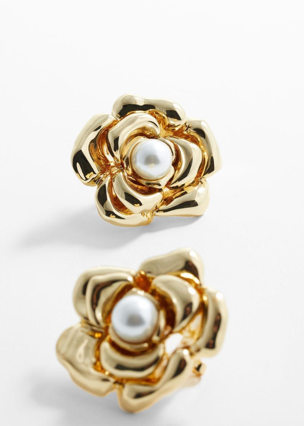 Gold Pearl Decoration Flower Earrings, , large image number 0