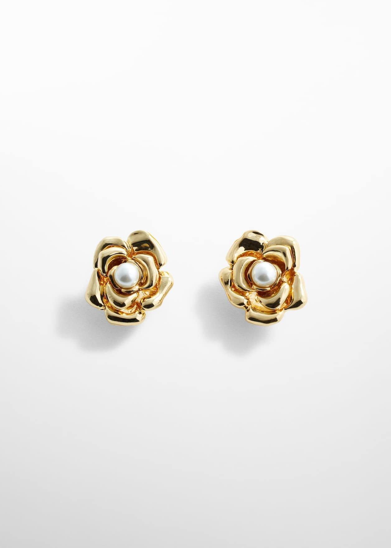 Gold Pearl Decoration Flower Earrings, , large image number 1