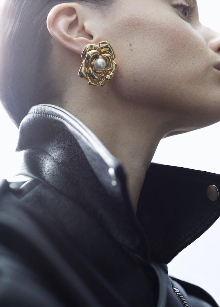Gold Pearl Decoration Flower Earrings, , large image number 2