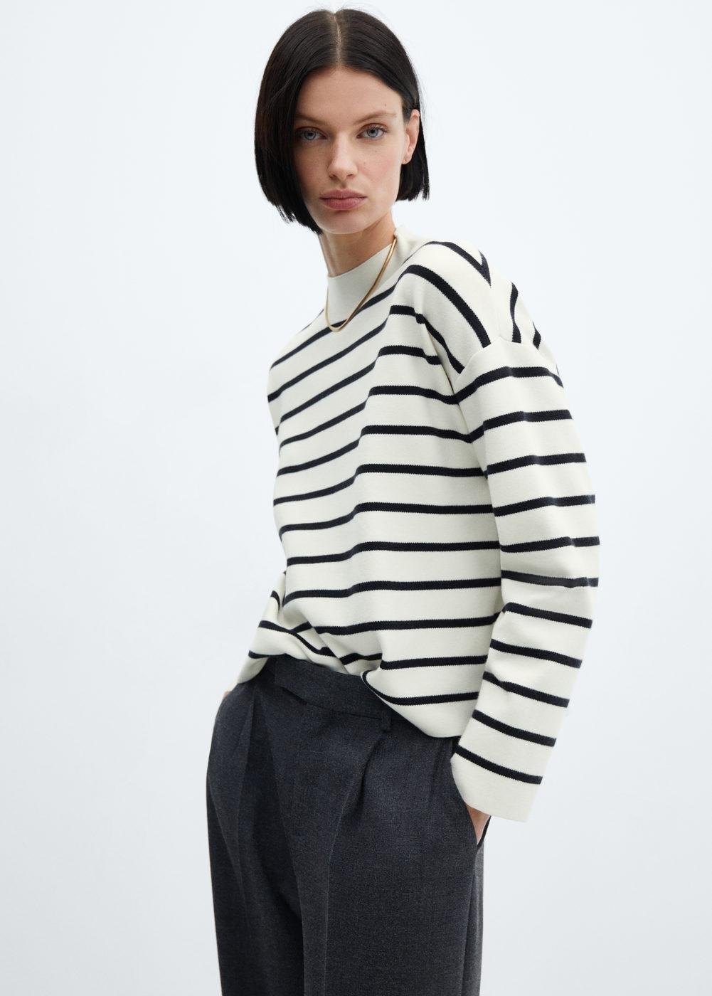 Mango - White Striped Perkins Collar Sweater