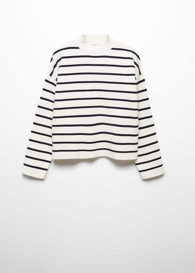 Mango - White Striped Perkins Collar Sweater