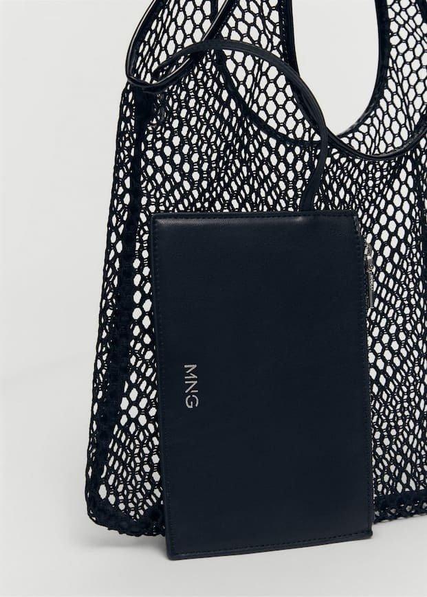 Black Mesh Pattern Shopper Bag, , large image number 6