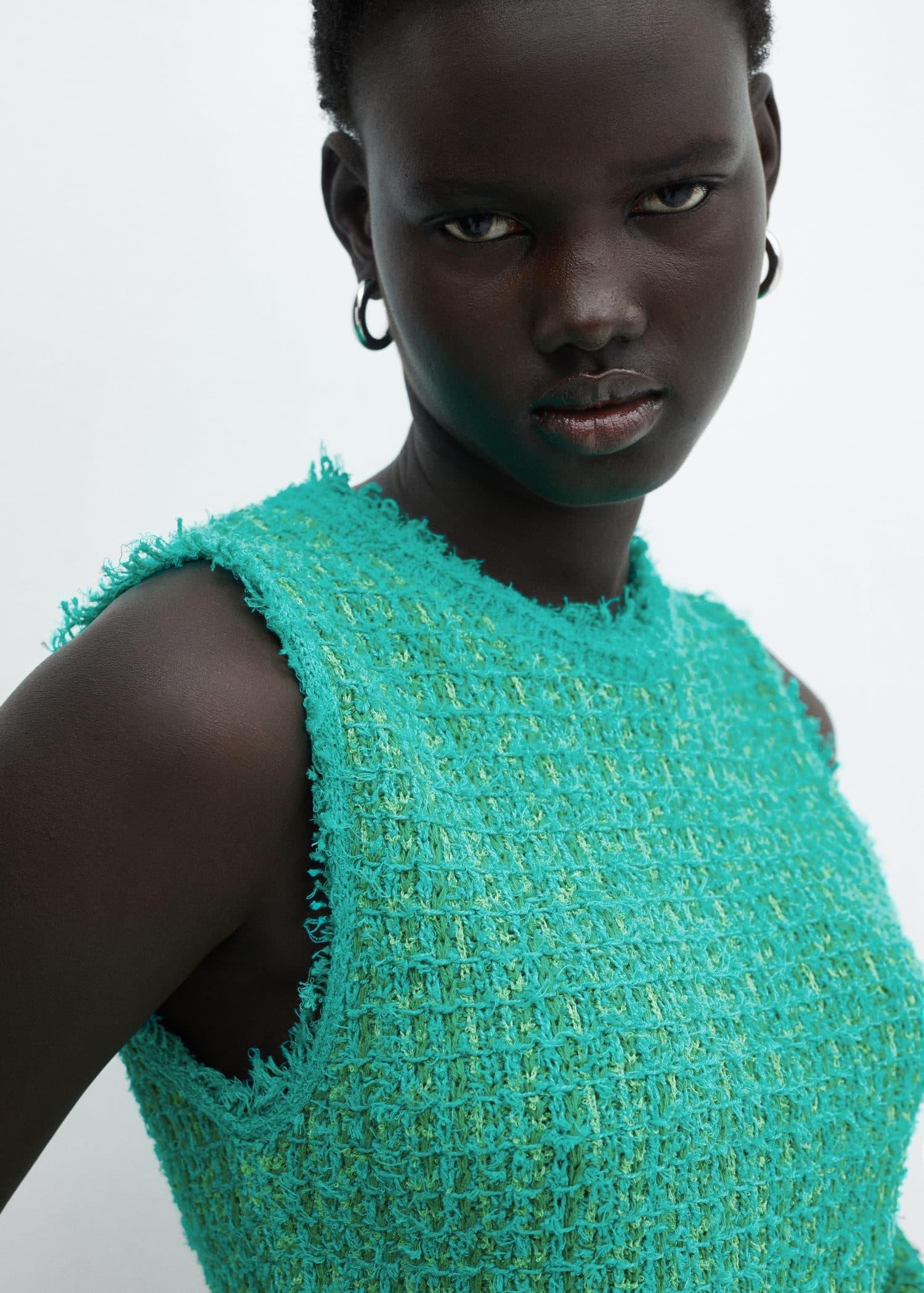 Mango - Green Tweed Top With Frayed Detail
