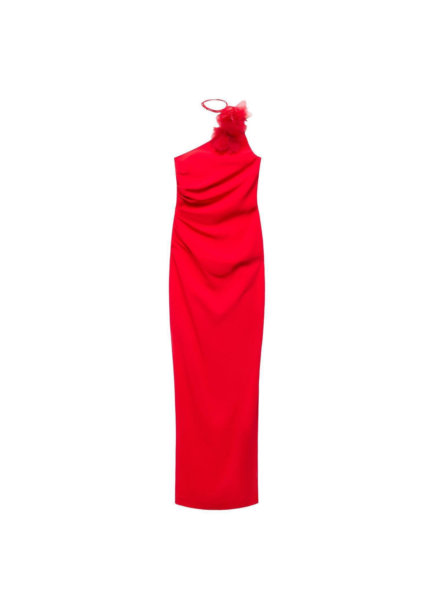 Mango - Red Asymmetrical Dress With Flower Detail