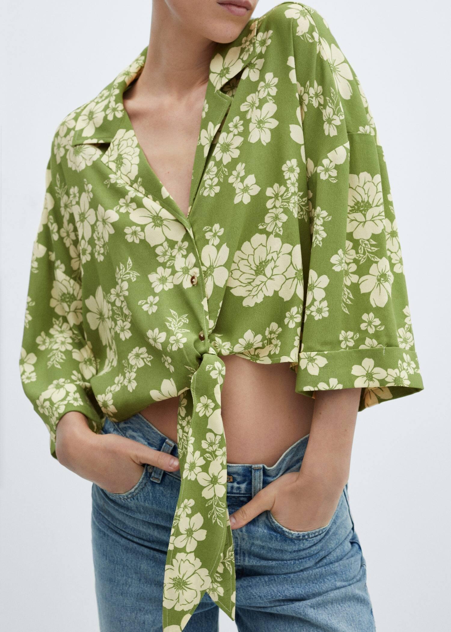 Mango - Green Floral-Print Shirt With Knot Detail