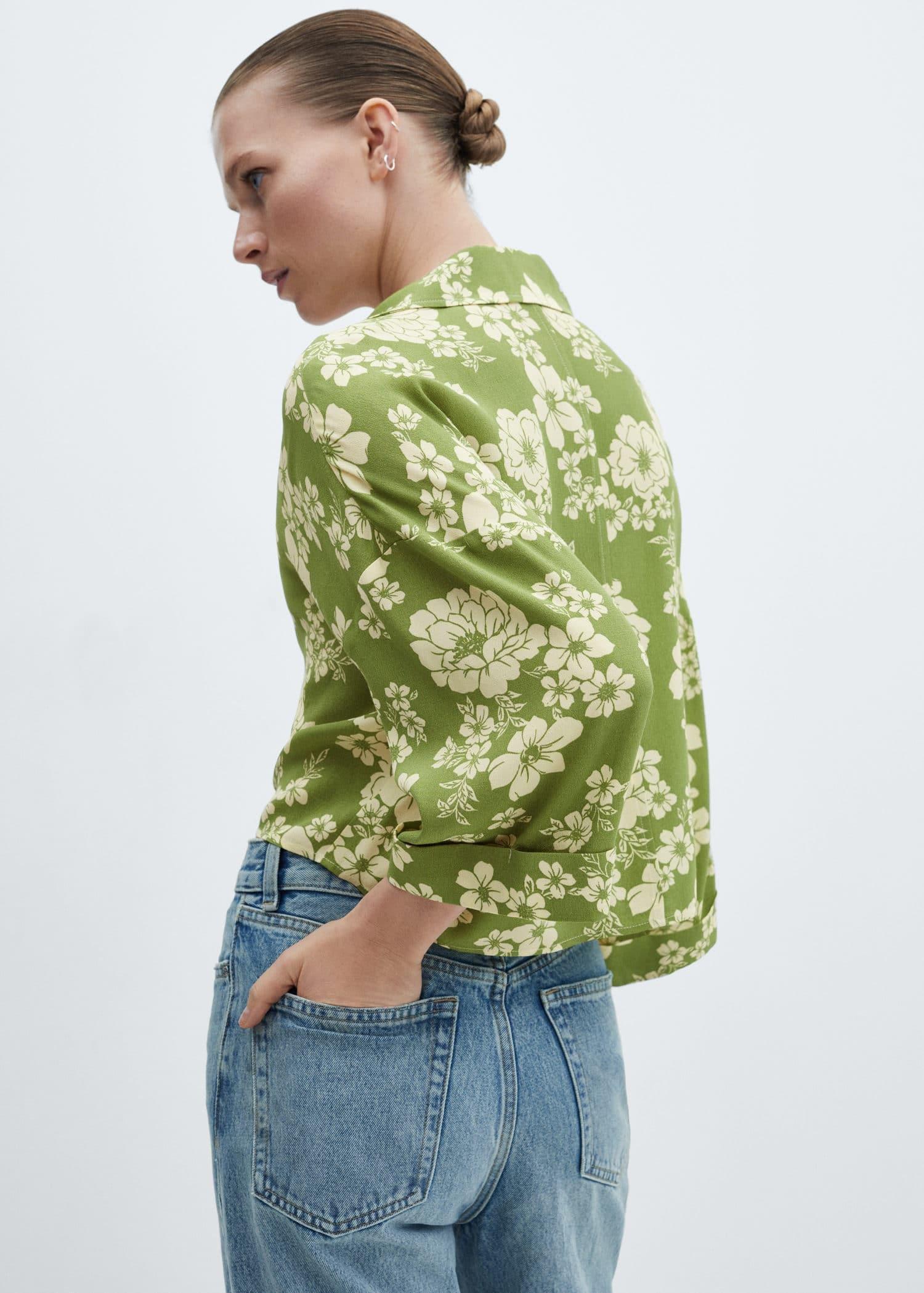 Mango - Green Floral-Print Shirt With Knot Detail