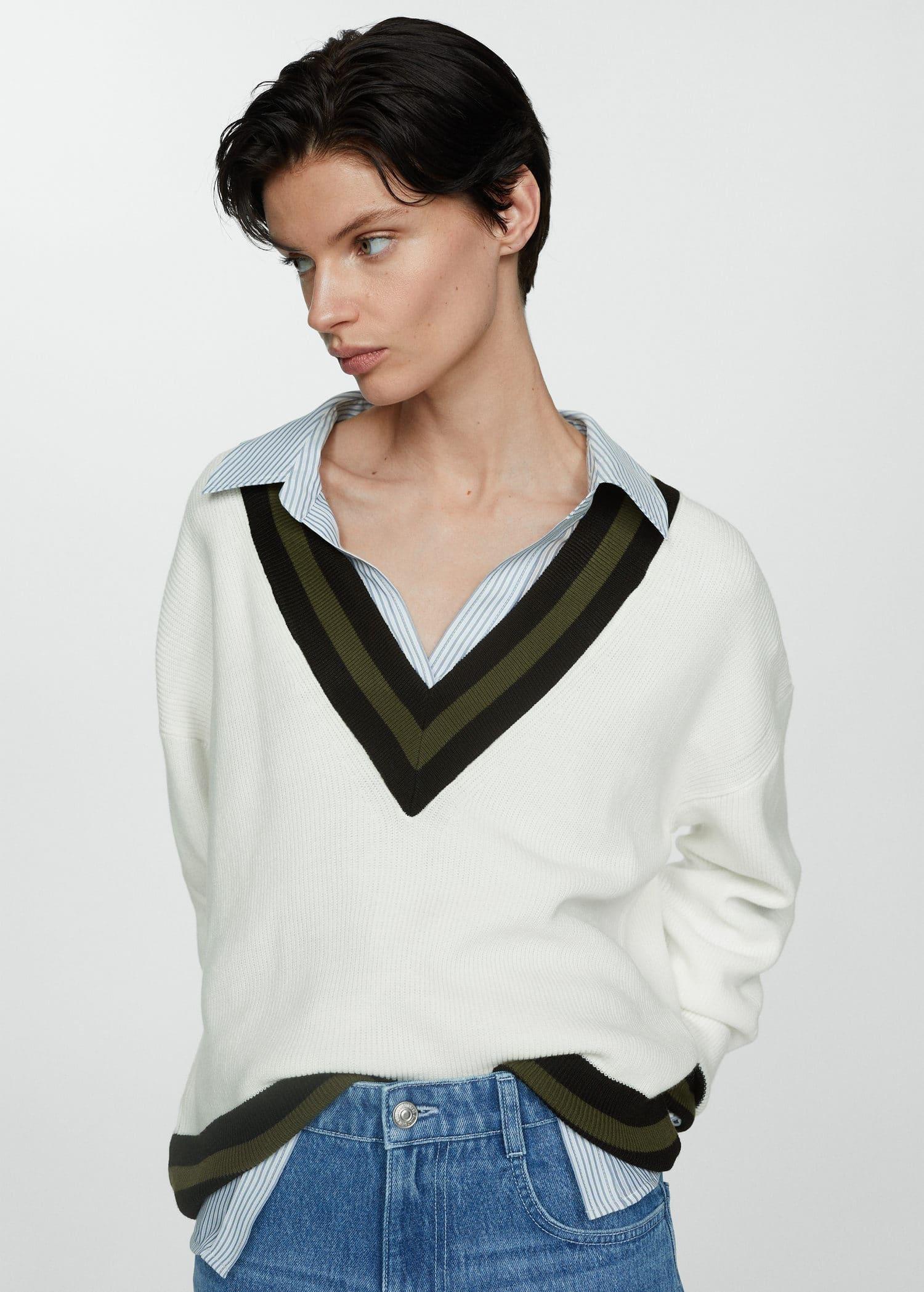 Mango - Beige Contrasting V-Neck Sweater
