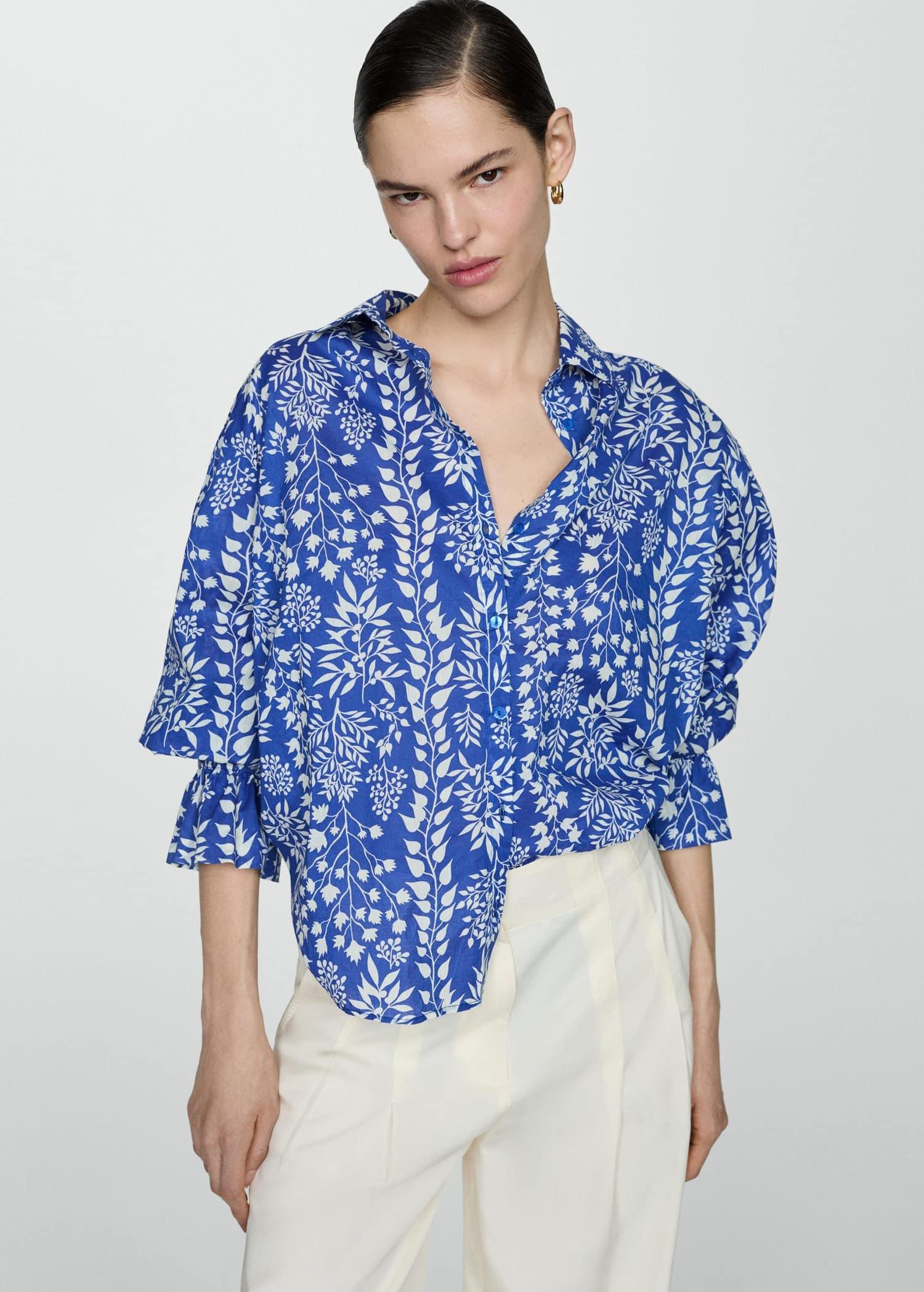 Mango - Blue Ruched Sleeve Shirt
