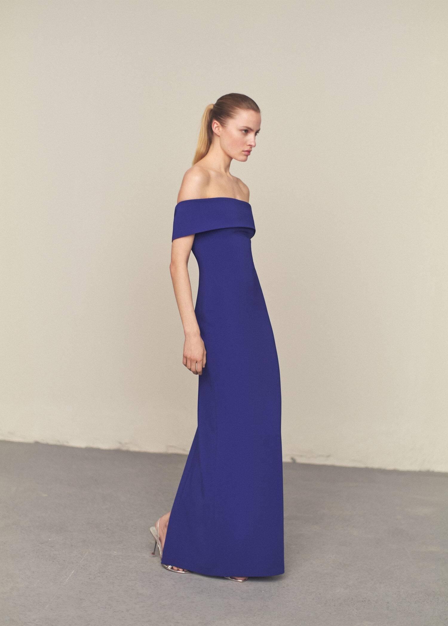 Mango - Blue Off-The-Shoulder Dress With Slit Detail