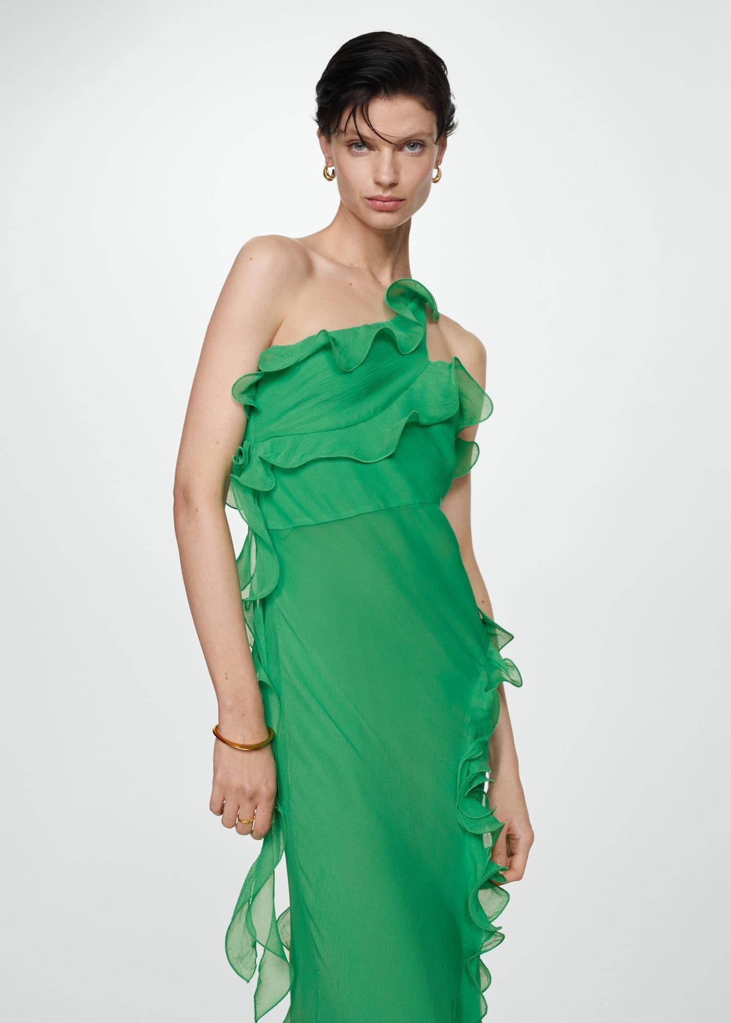Mango - Green Asymmetrical Ruffle Dress