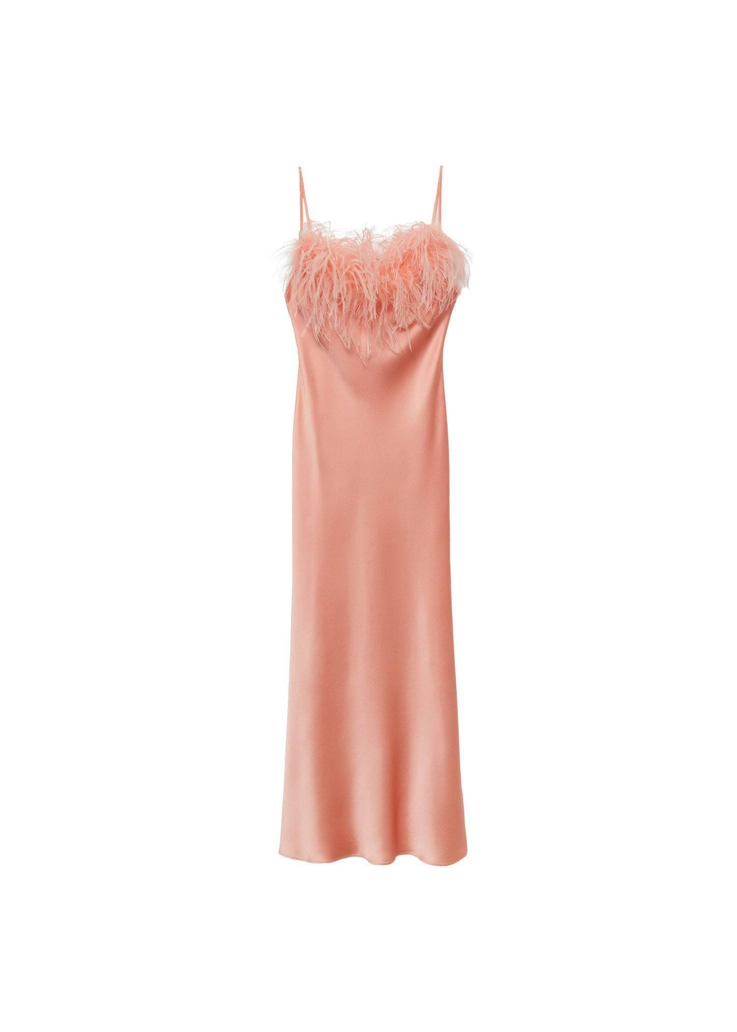 Mango - Pink Satin Dress With Feather Detail