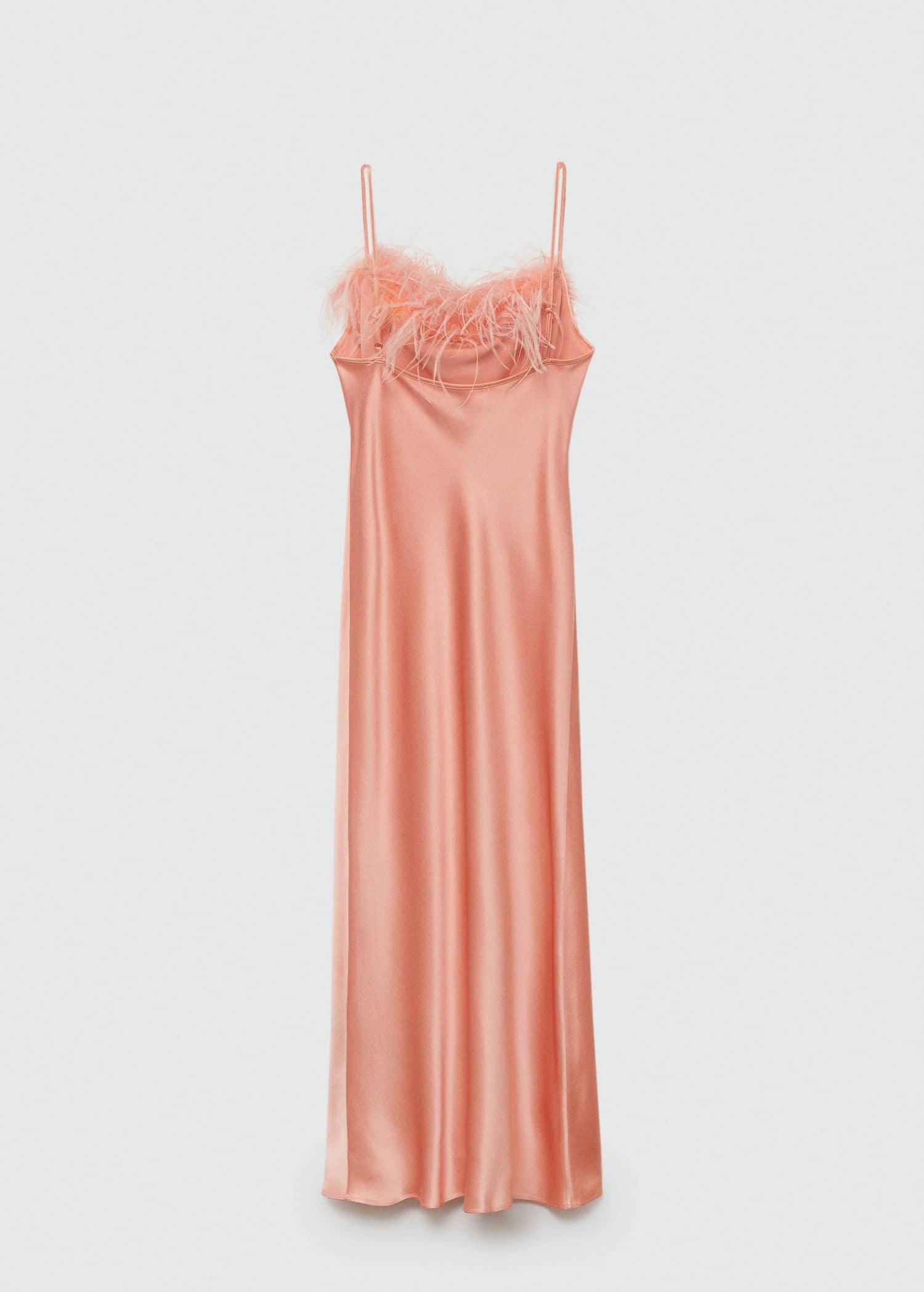 Mango - Pink Satin Dress With Feather Detail
