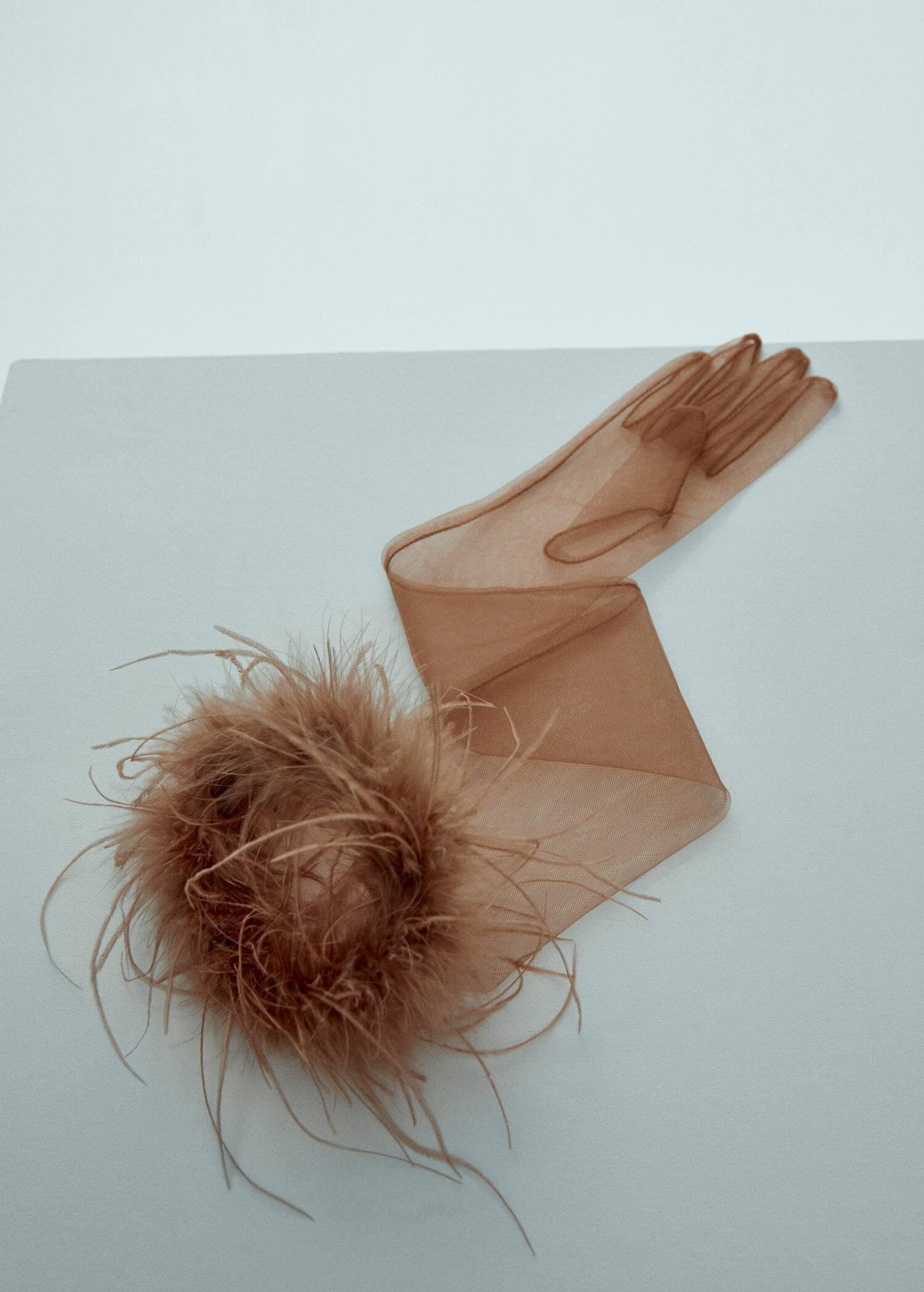 Pink Feather Detail Tulle Gloves, , large image number 0