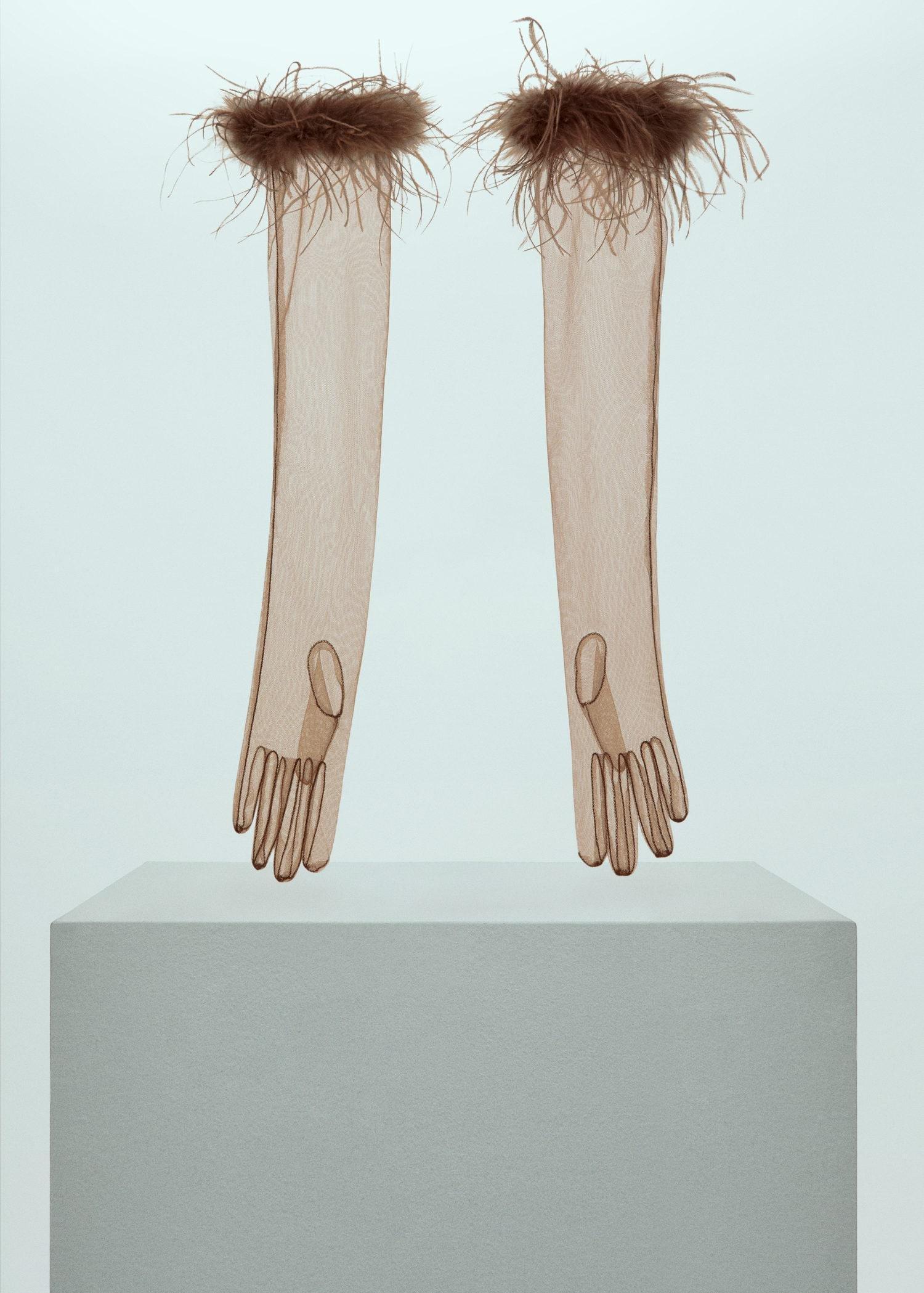 Pink Feather Detail Tulle Gloves, , large image number 1