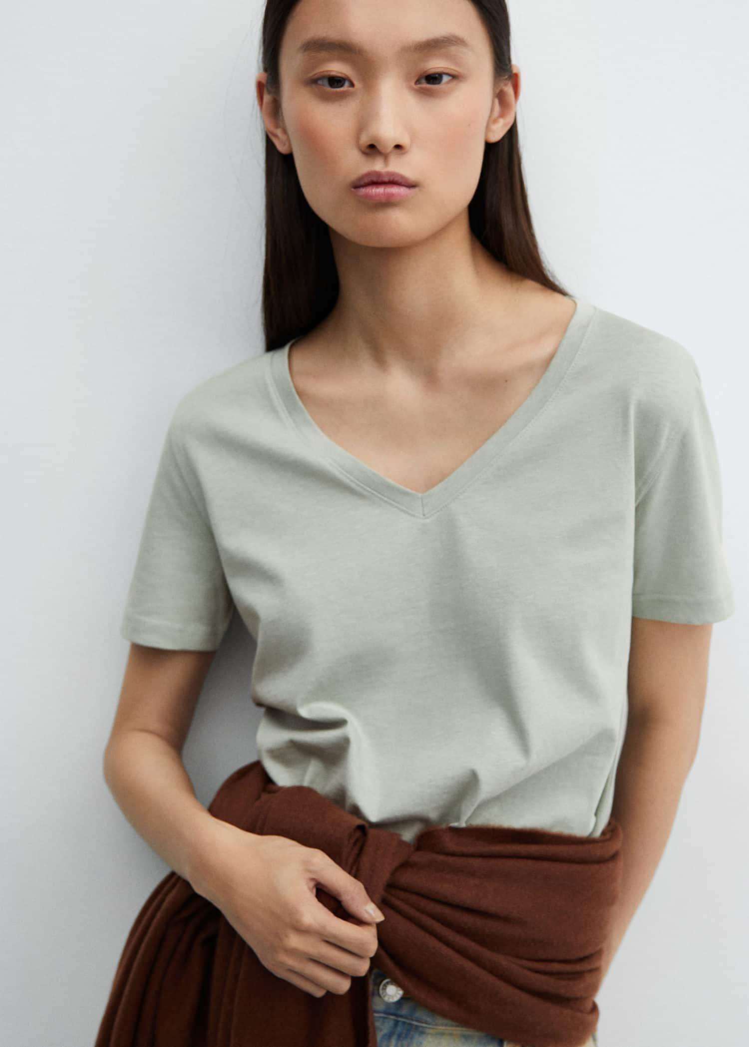 Mango - Green V-Neck Cotton T-Shirt