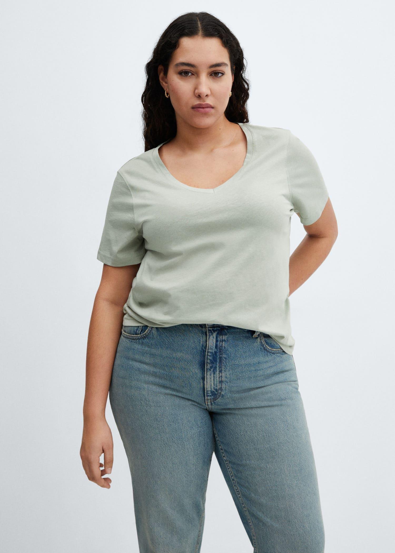 Mango - Green V-Neck Cotton T-Shirt