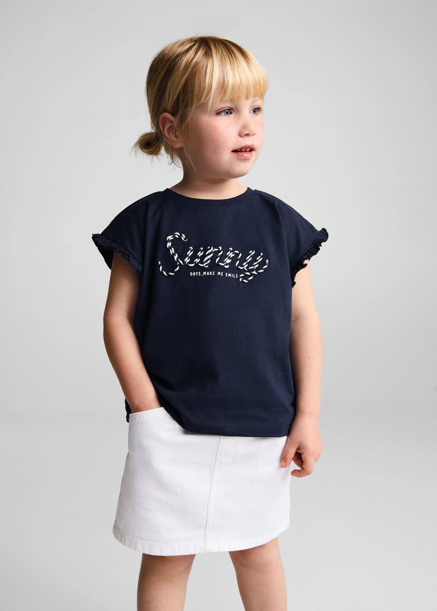 Mango - Navy Embroidered Message T-Shirt, Kids Girls