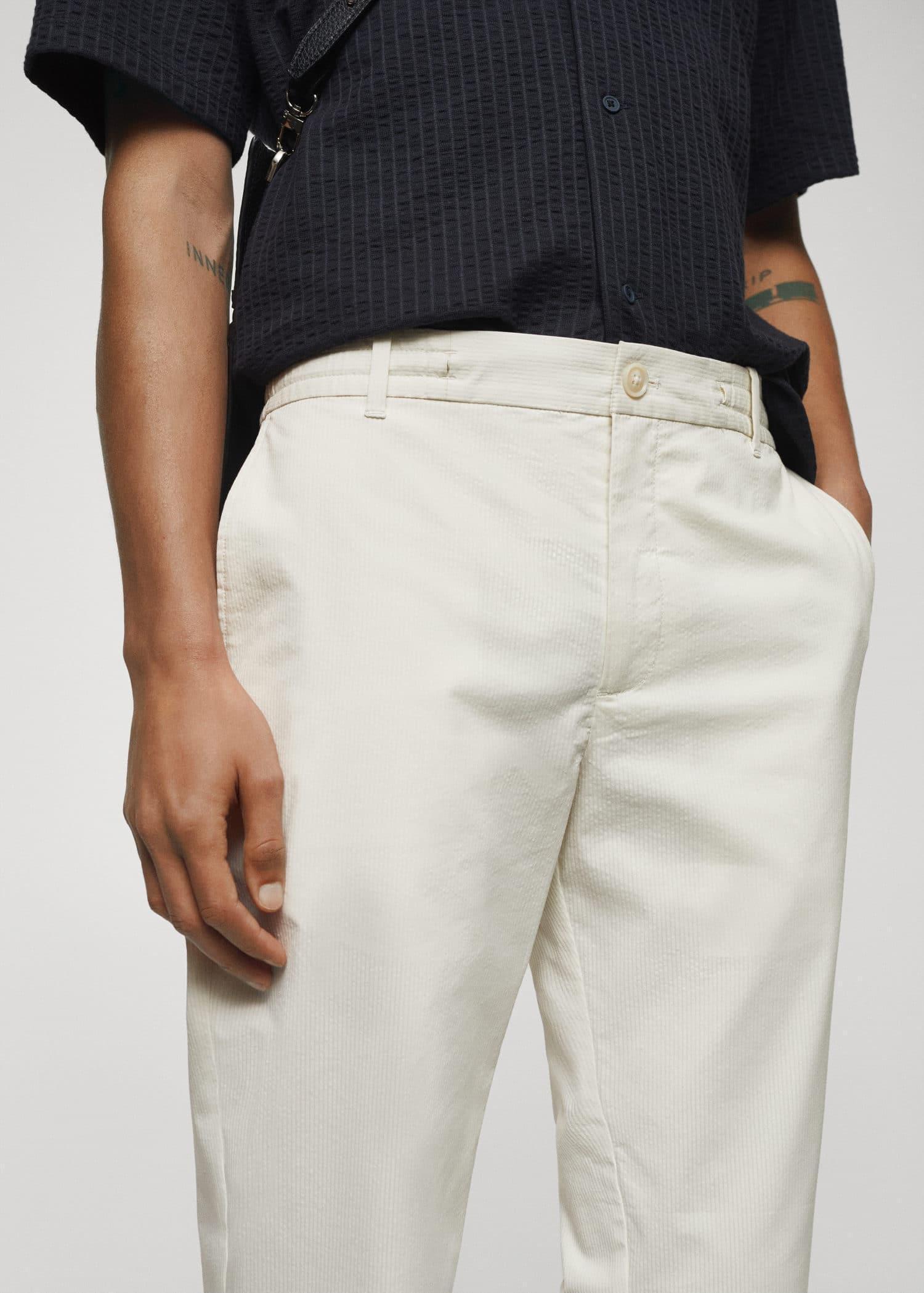 Mango - Cream Cotton Drawstring Seersucker Trousers