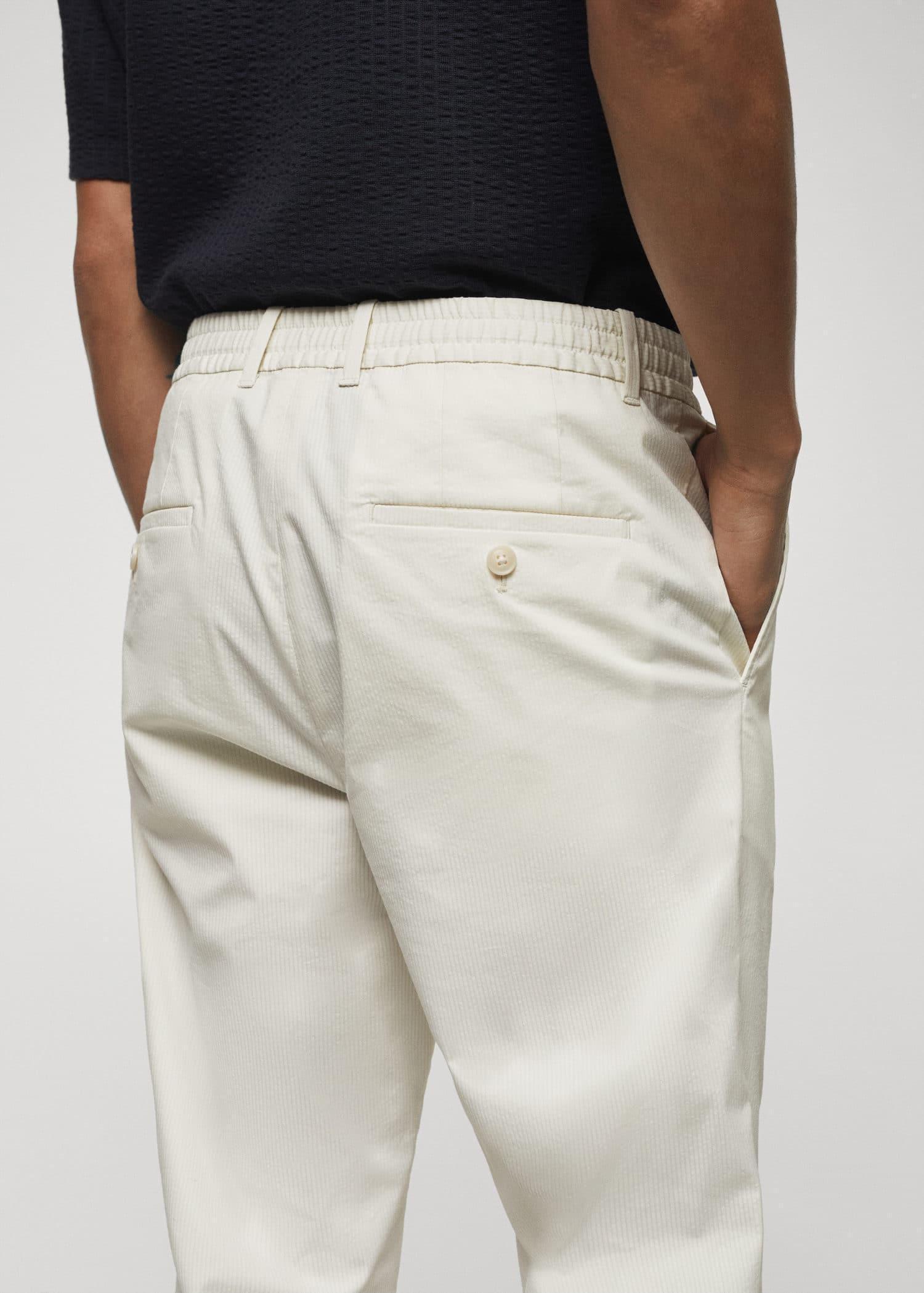 Mango - Cream Cotton Drawstring Seersucker Trousers