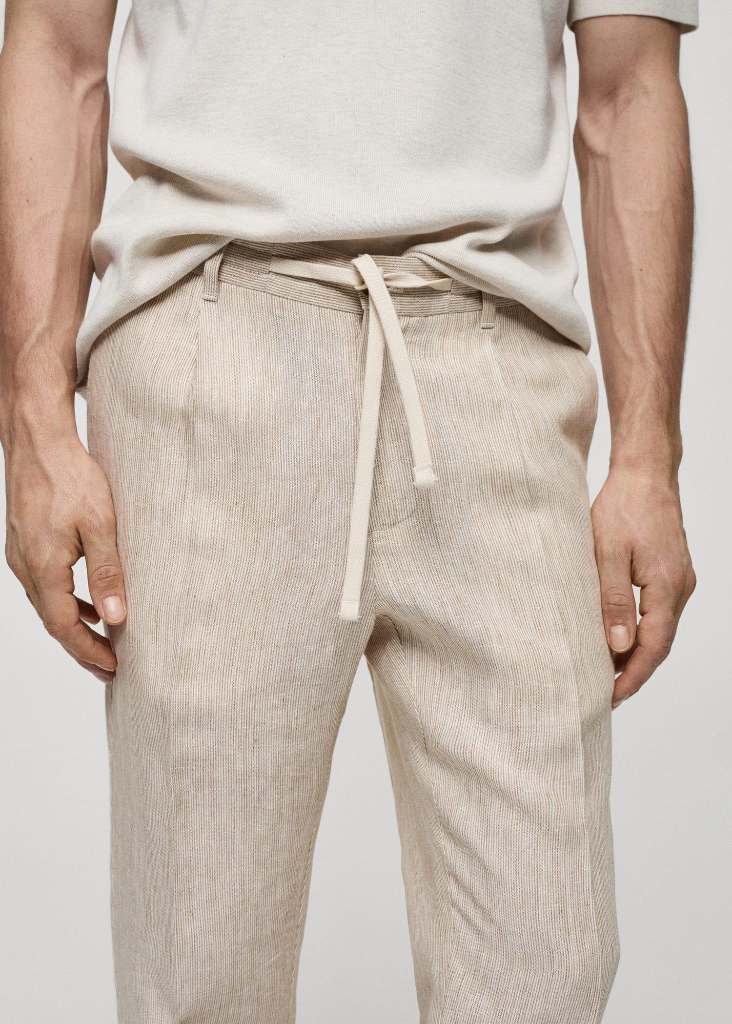 Mango - Beige Linen Slim Fit Striped Pants