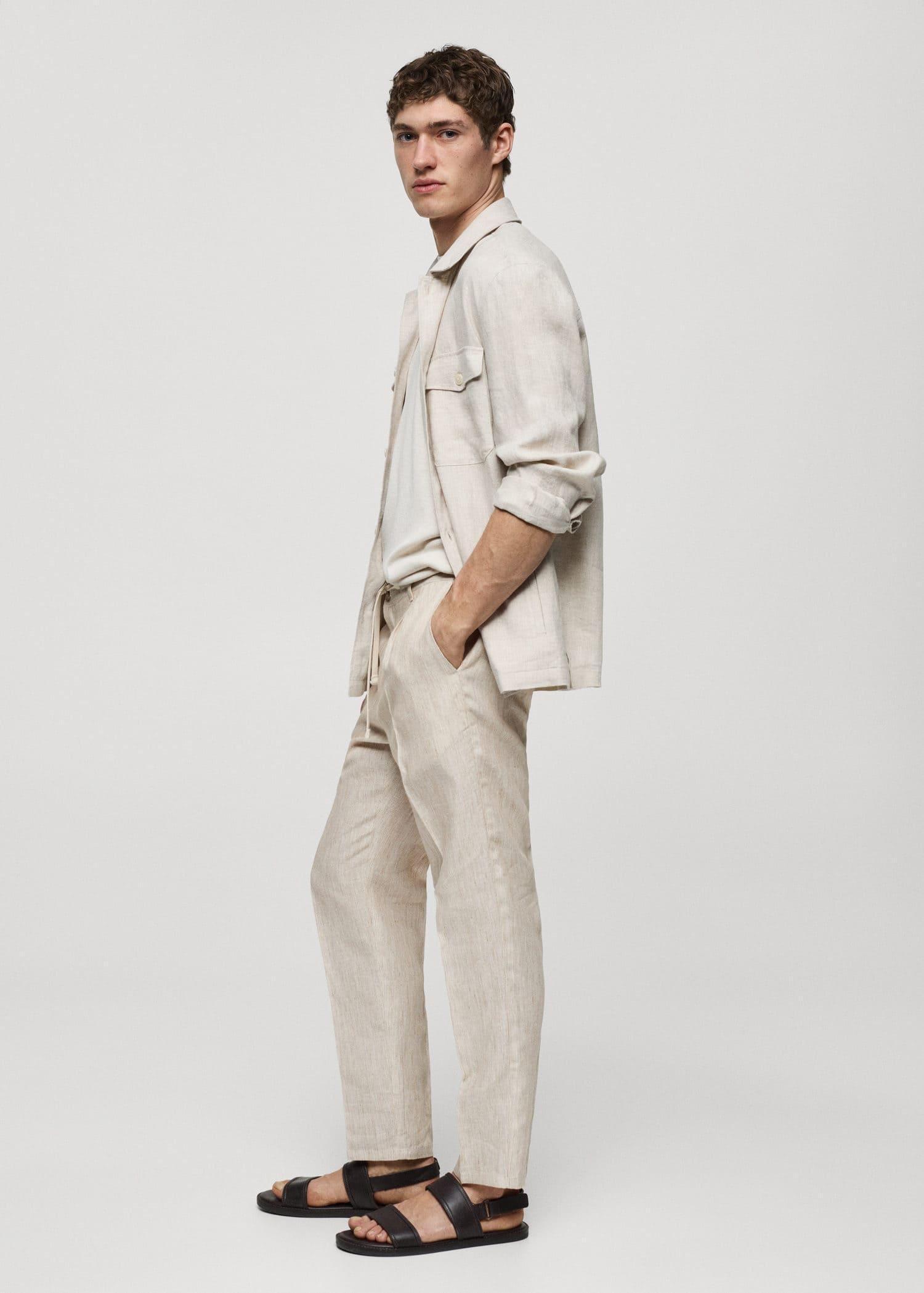 Mango - Beige Linen Slim Fit Striped Pants