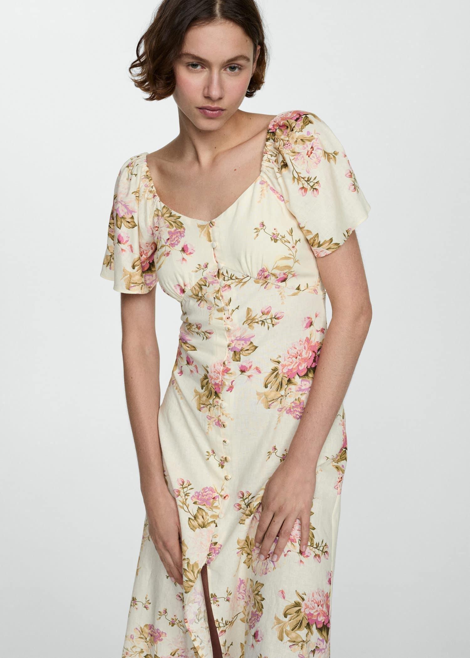 Mango - Beige Buttoned Linen-Blend Dress