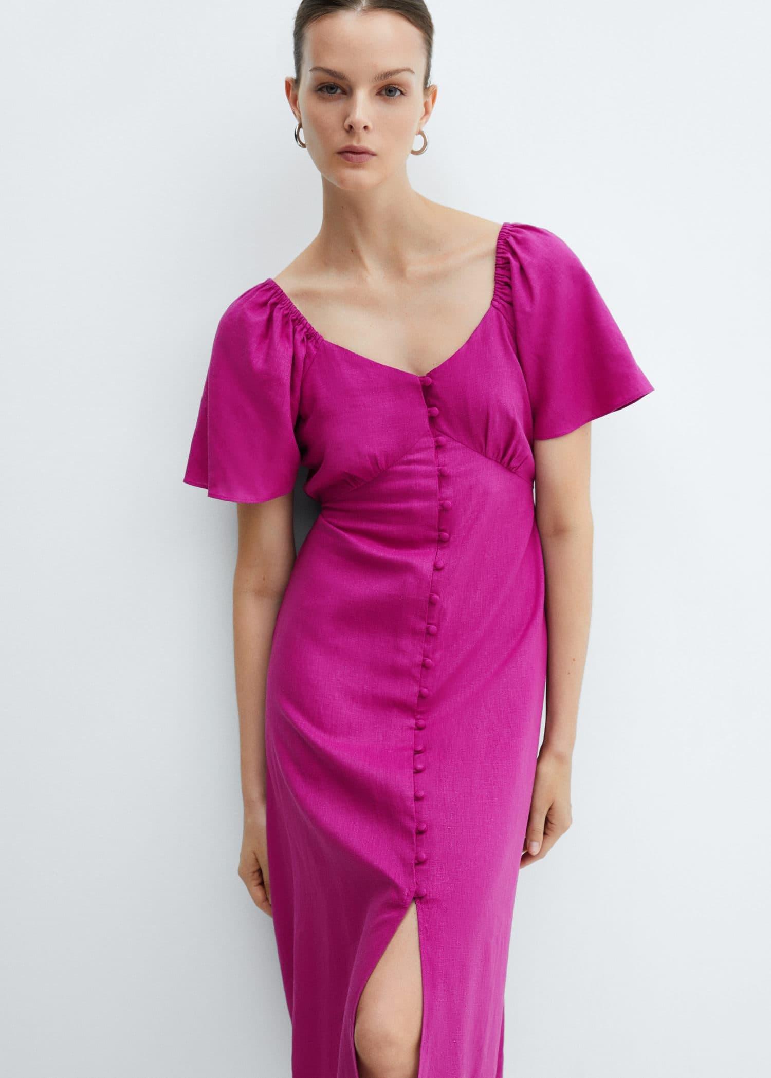 Mango - Purple Buttoned Linen-Blend Dress