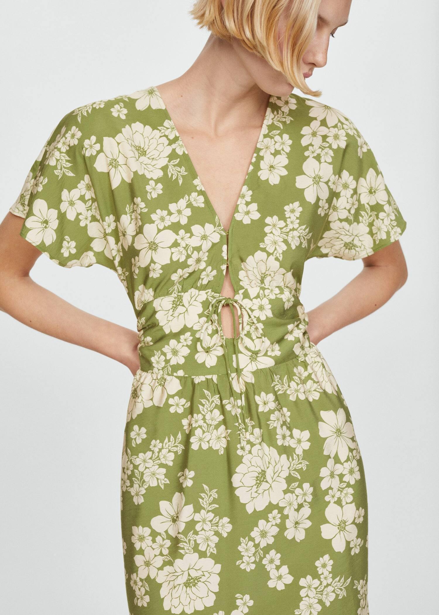 Mango - Green Printed Cut-Out Detail Dress