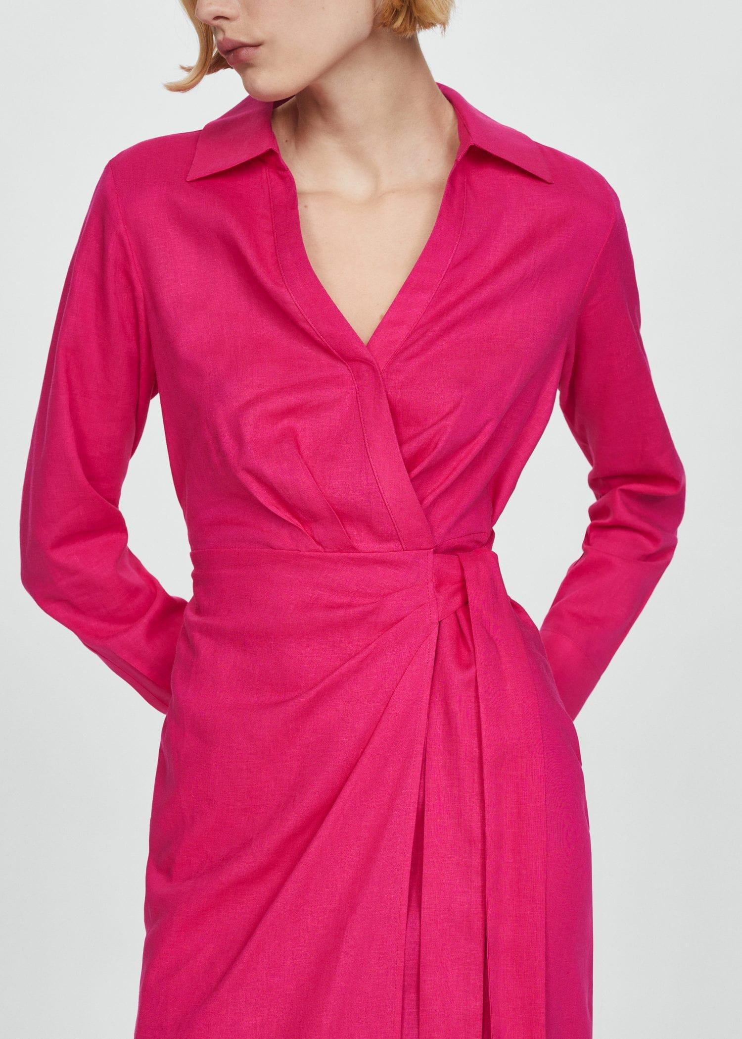 Mango - Pink Linen Shirt Dress With Bow