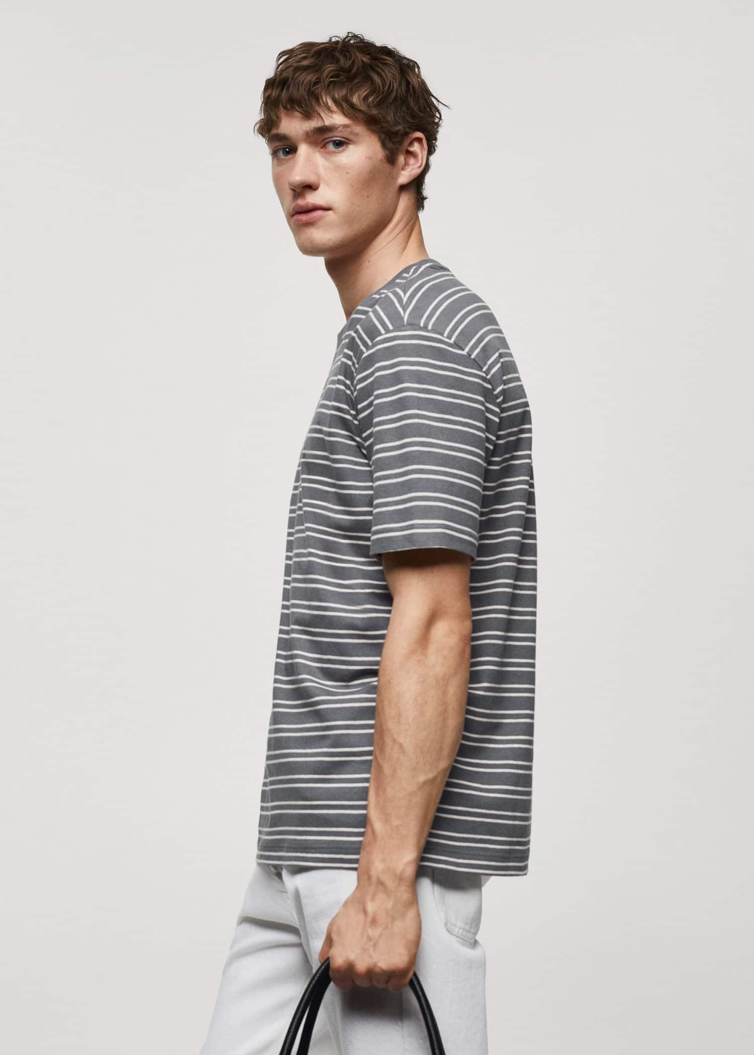 Mango - Blue Striped Cotton Linen-Blend T-Shirt