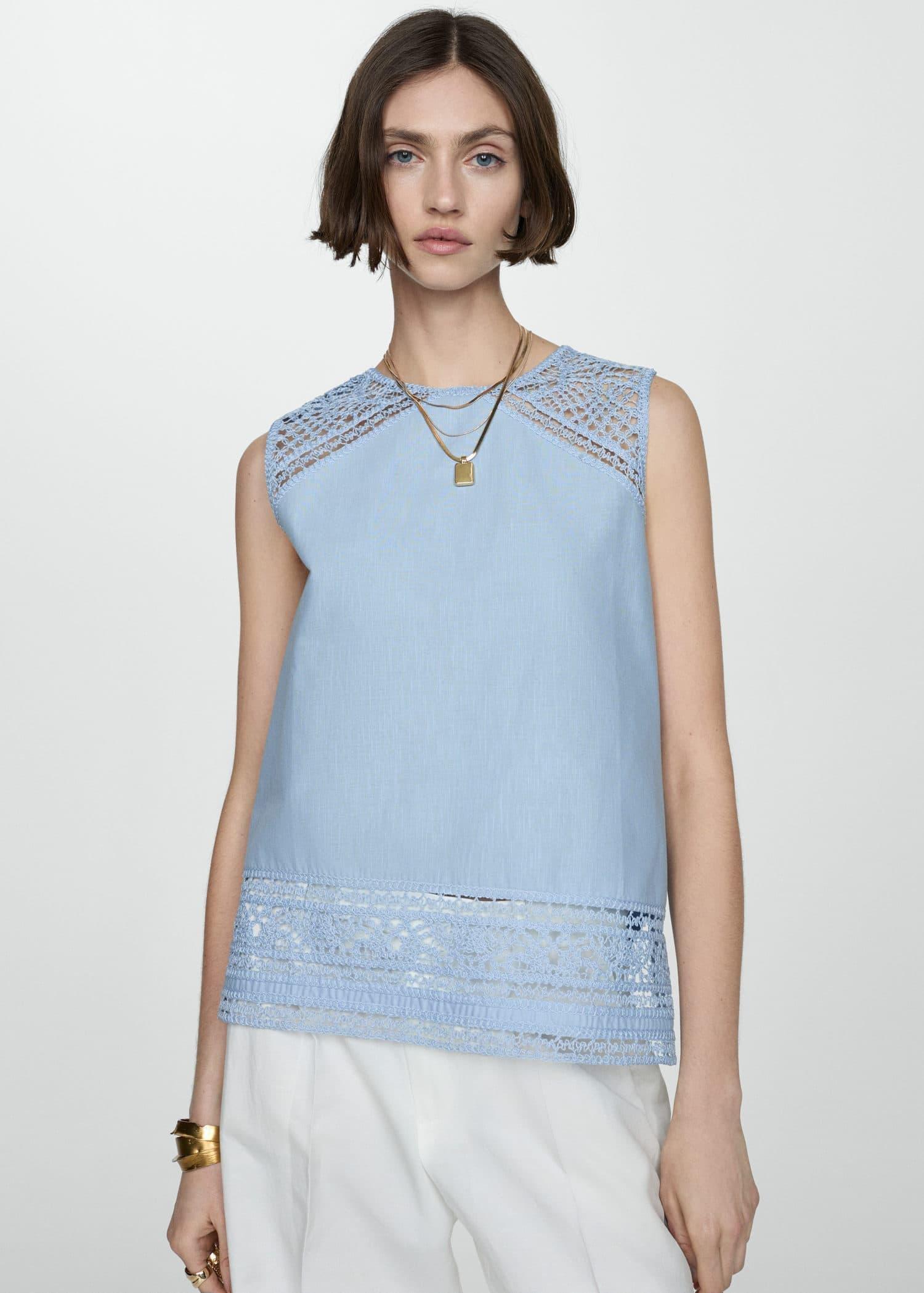 Mango - Blue Embroidered Cotton Top