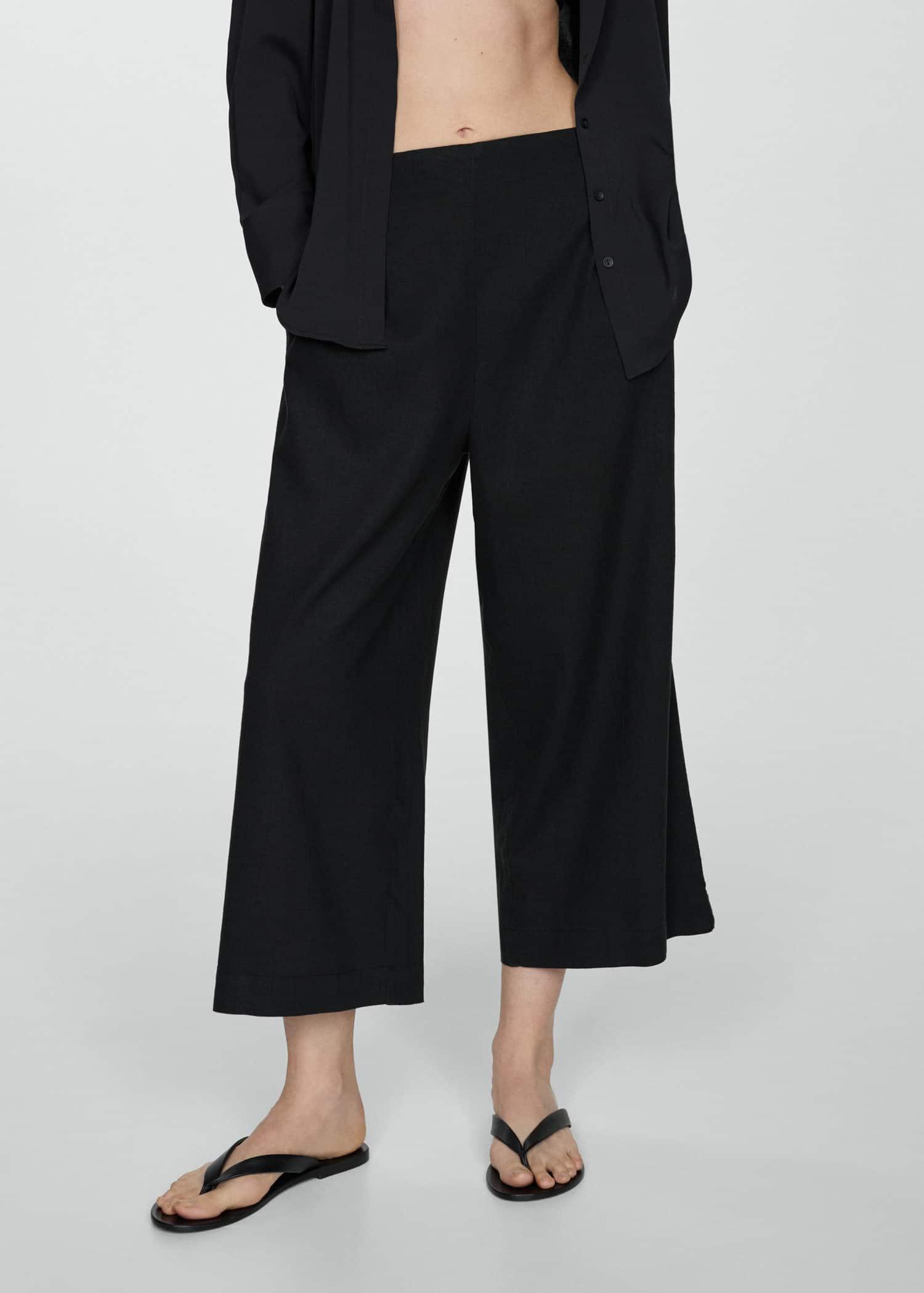 Mango - Black Wideleg Linen Trousers