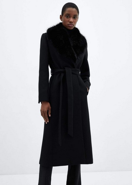 Mango - Black Fur-Effect Collar Detachable Wool Coat