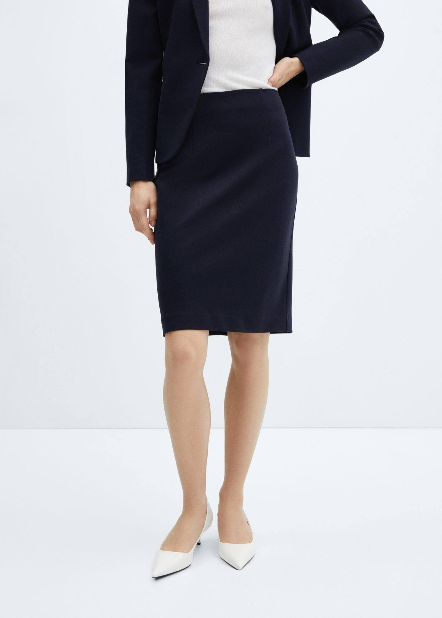 Mango - Navy Pencil Skirt With Rome-Knit Opening