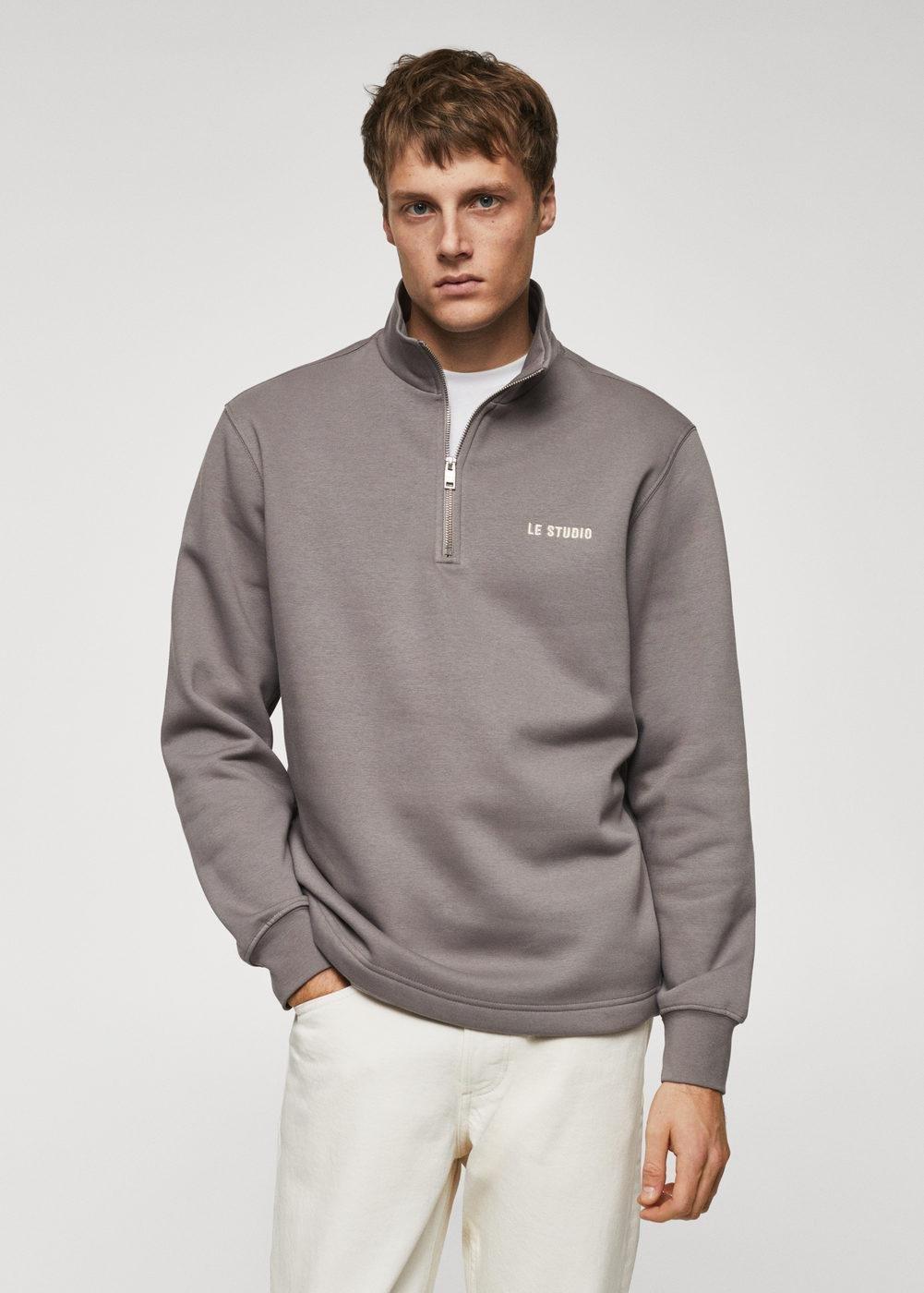 Mango - Grey Cotton Sweatshirt With Zip Neck