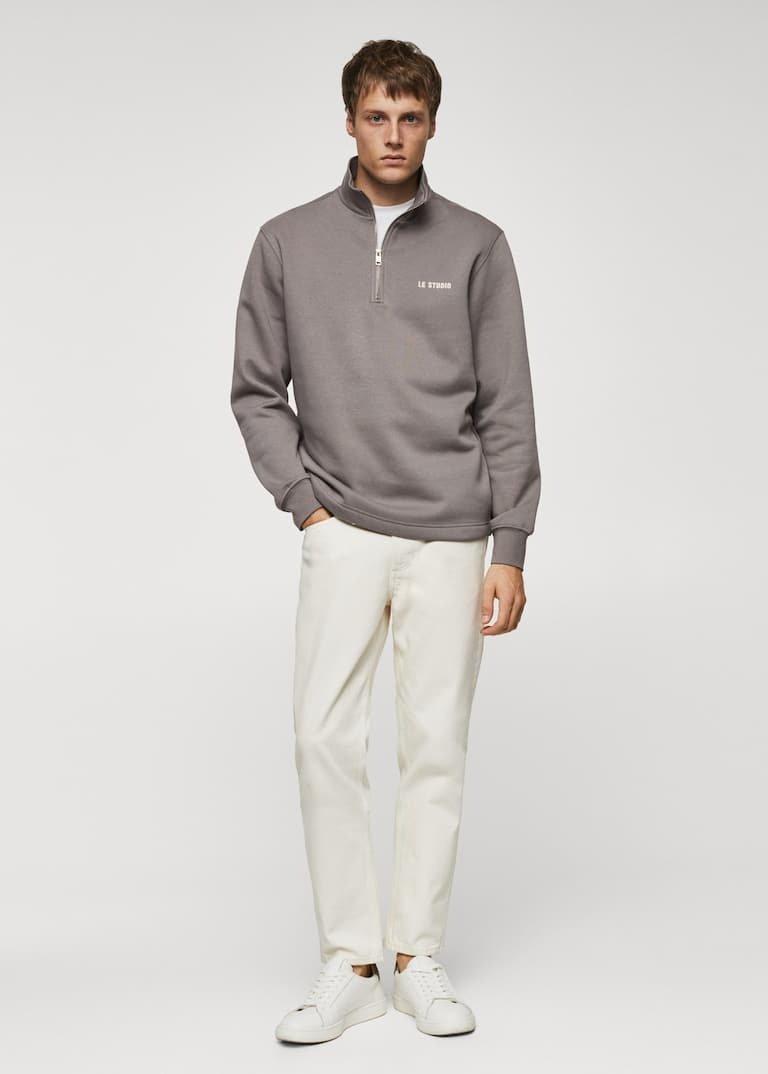 Mango - Grey Cotton Sweatshirt With Zip Neck