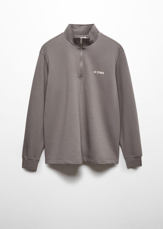 Mango - Grey Cotton Sweatshirt With Zip Neck