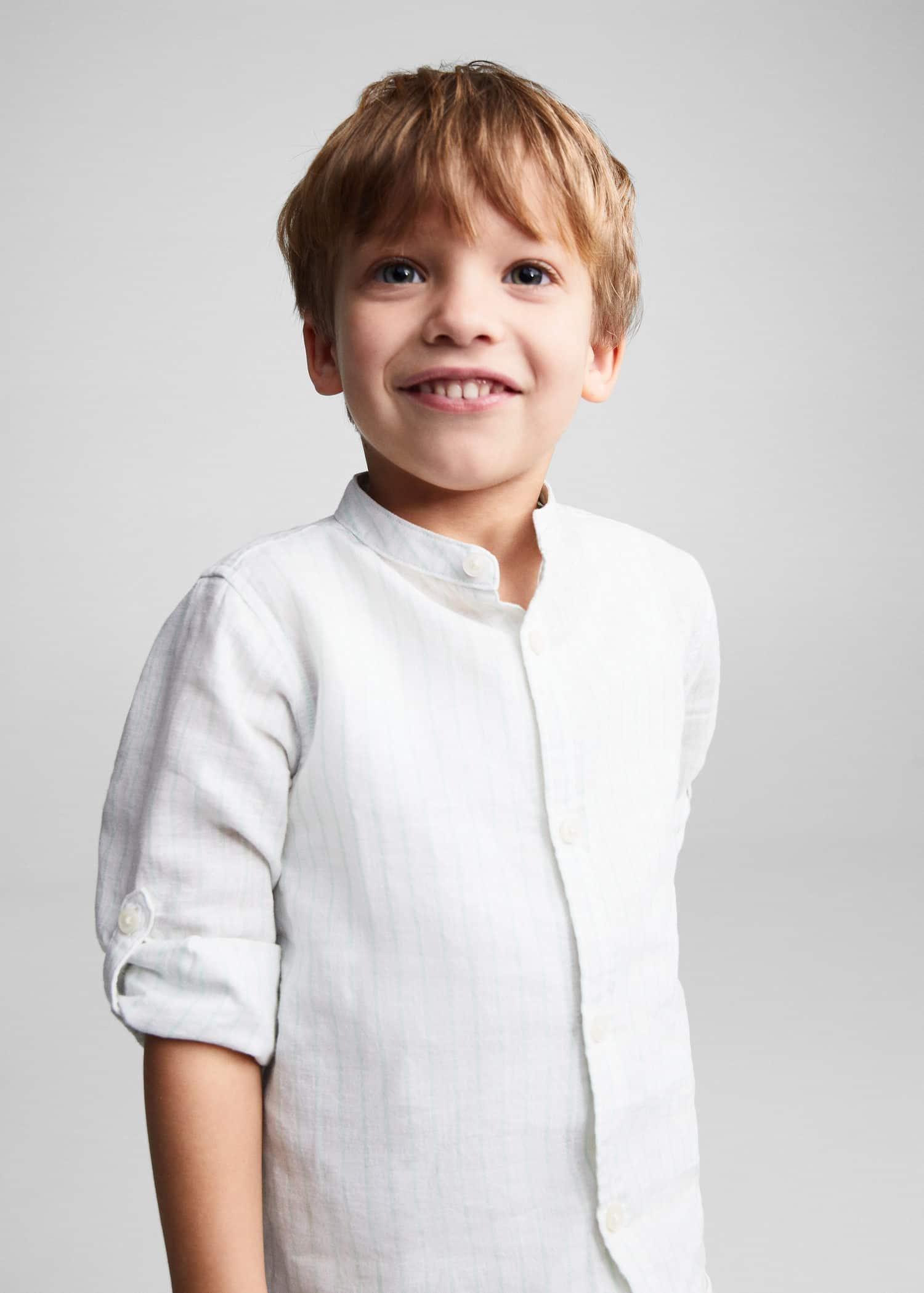 Mango - Green Striped Mandarin-Collar Linen Shirt, Baby Boys