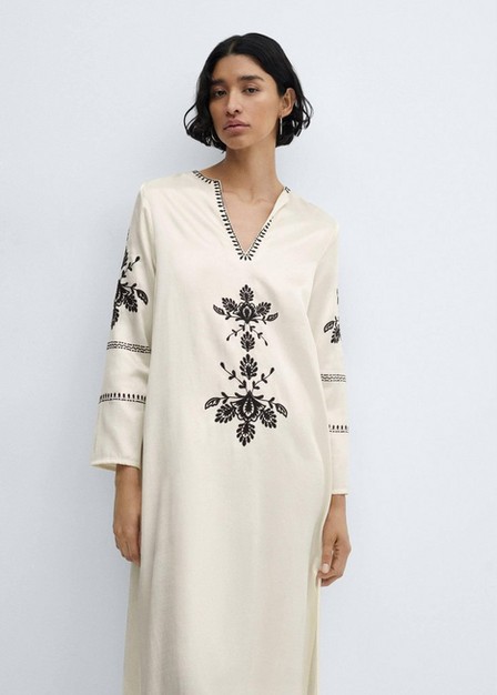 Mango - Cream Embroidered Dress With Side Slit