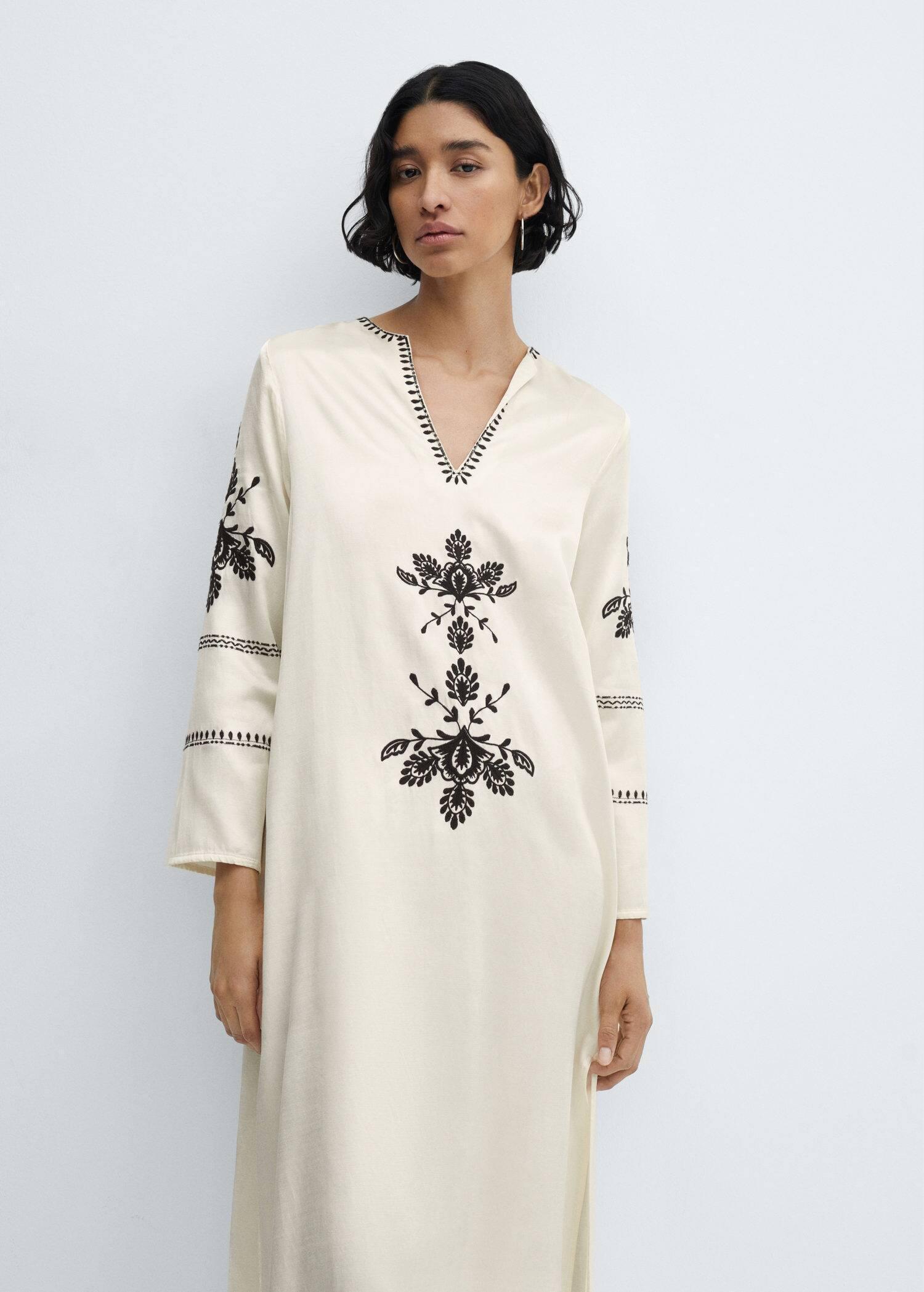 Mango - Cream Embroidered Dress With Side Slit