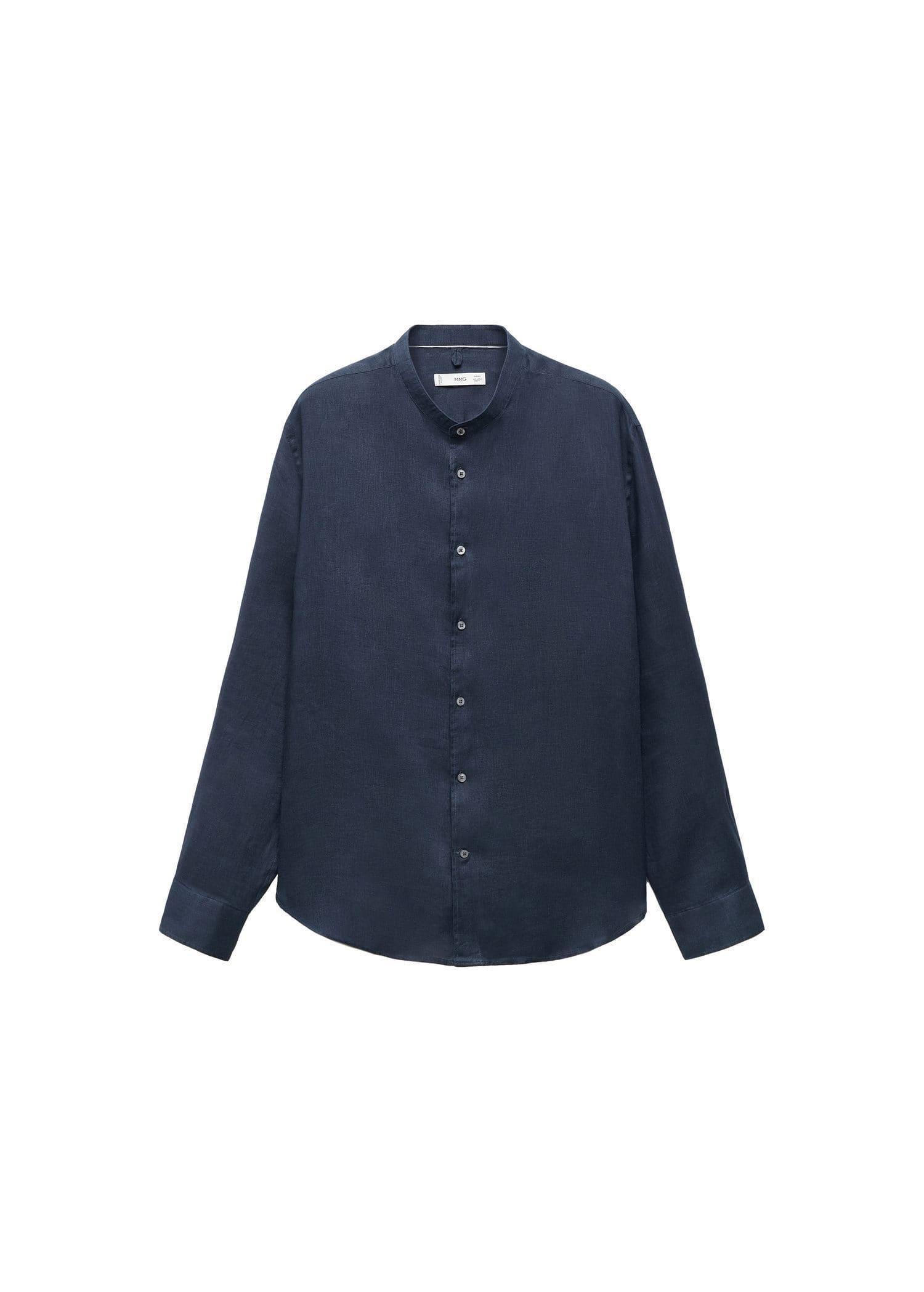 Mango - Navy Linen Mao Collar Shirt