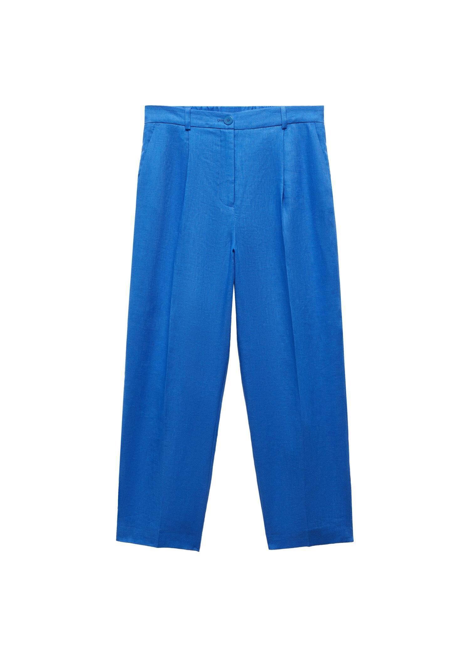 Mango - Blue Linen Straight Trousers