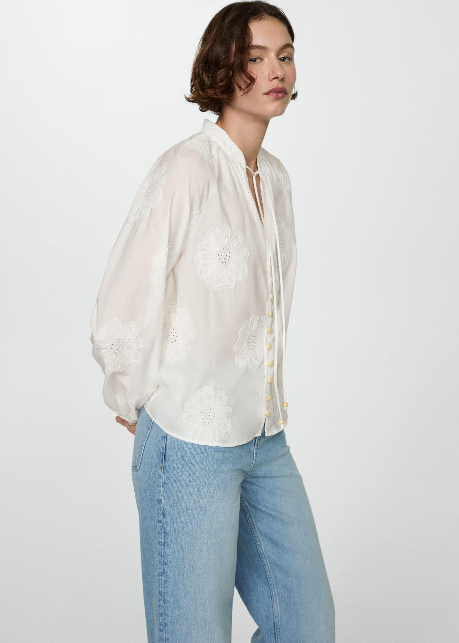 Mango - White Floral Embroidered Blouse With Bow
