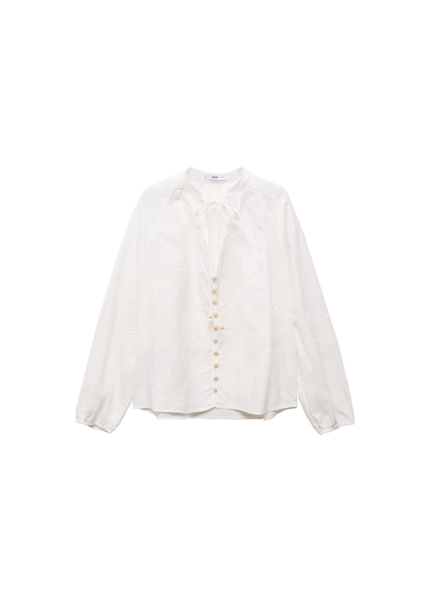 Mango - White Floral Embroidered Blouse With Bow