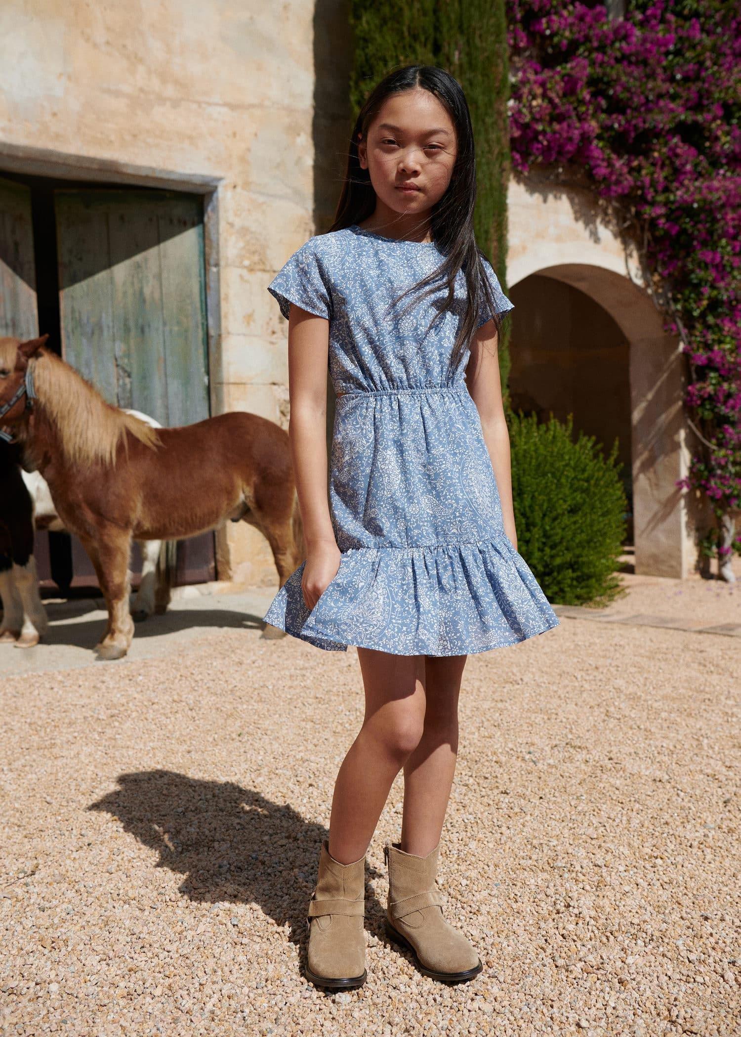 Mango - Blue Printed Dress With Openings, Kids Girls