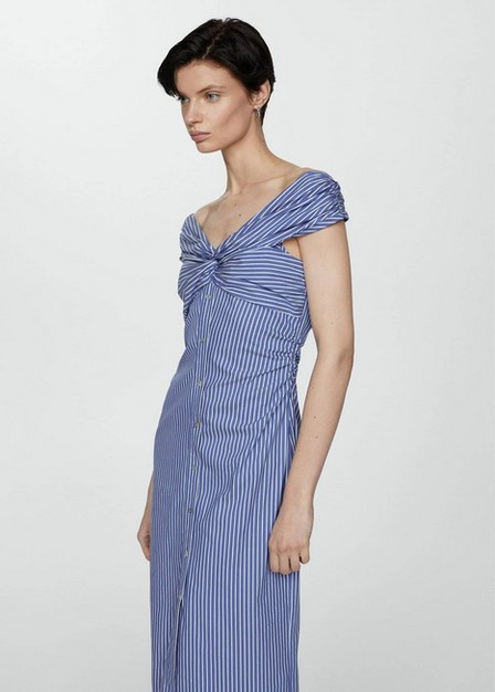 Mango - Blue Lt-Pastel Striped Bare Shoulders Dress