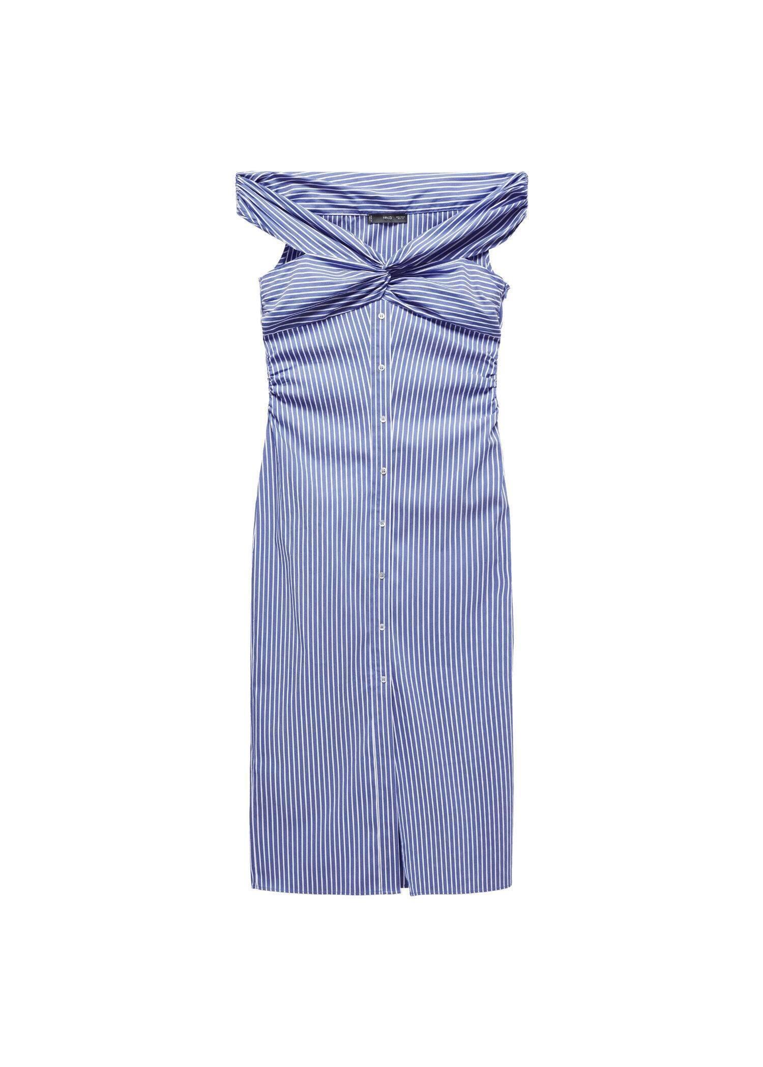 Mango - Blue Lt-Pastel Striped Bare Shoulders Dress