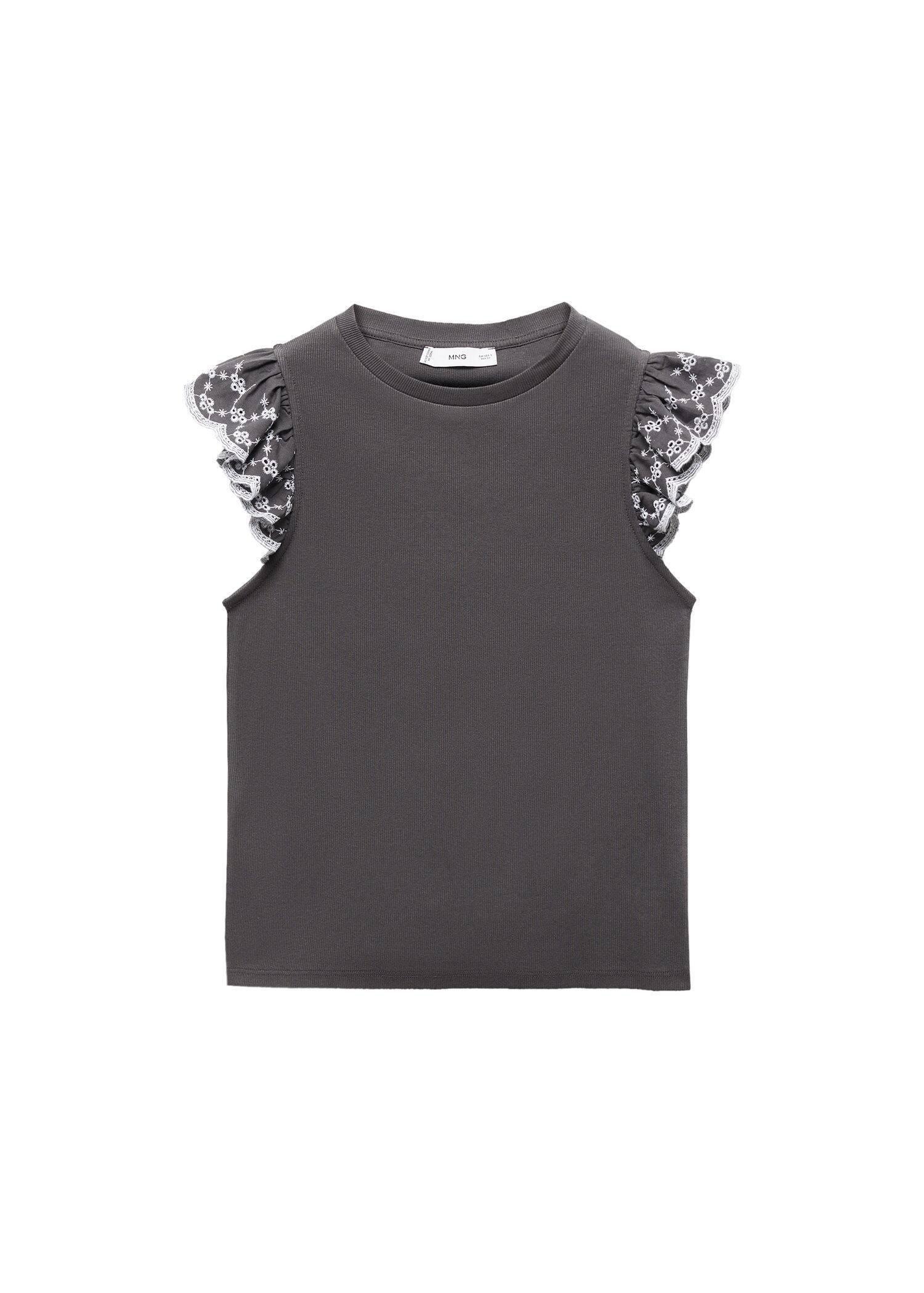 Mango - Grey T-Shirt With Ruffled Sleeves