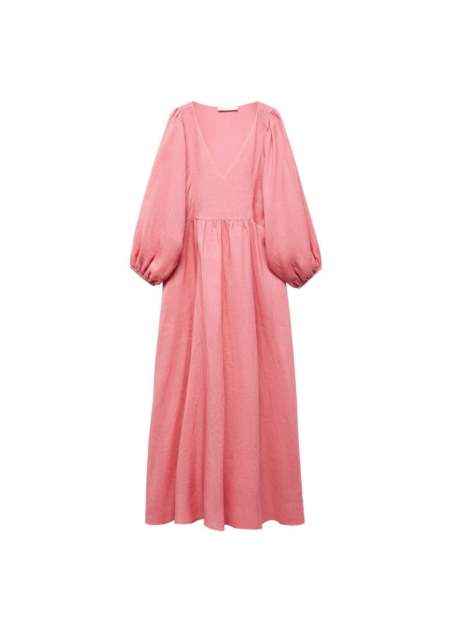Mango - Pink Ramie Puff Sleeve Dress